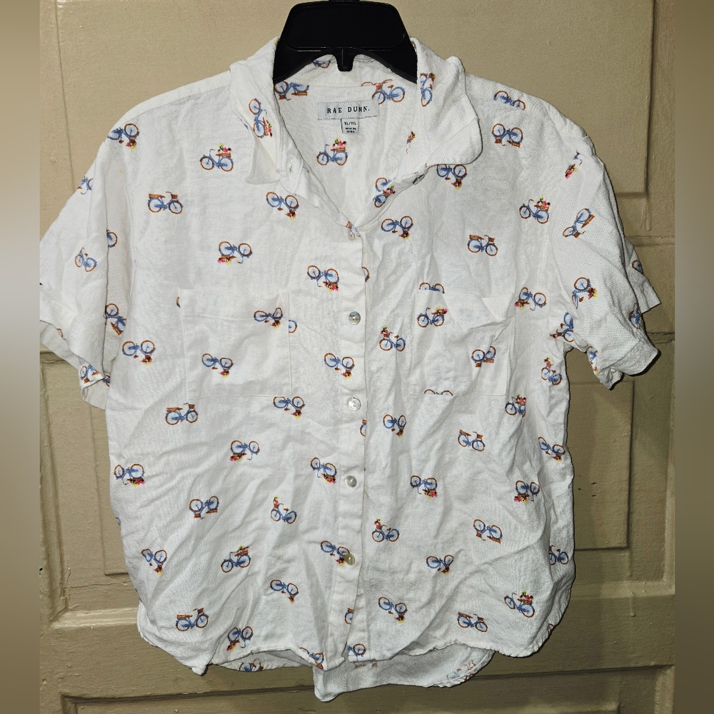 Rae Dunn Bicycle Print Linen Blend Short Sleeve Button Down Collared Top GUC